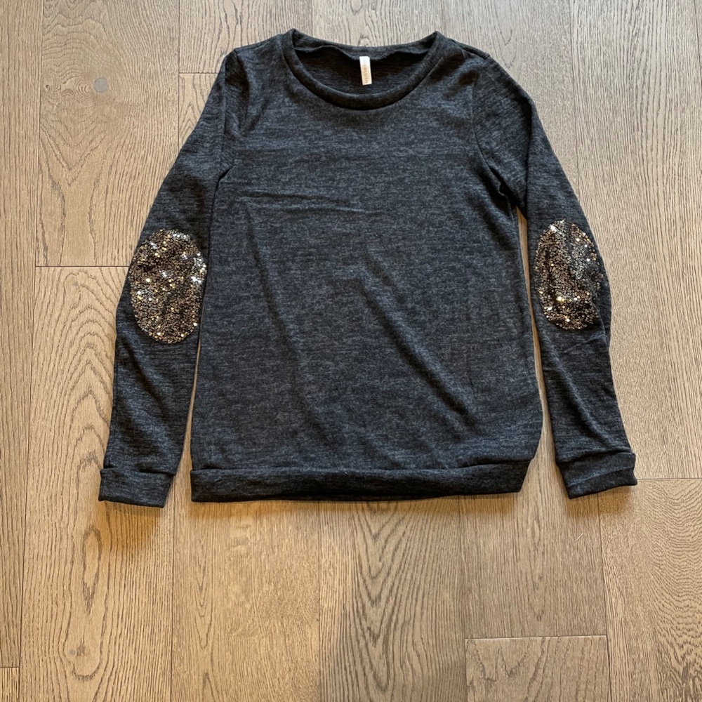 PinkBlush Charcoal Grey Heathered Sequin Elbow Patch Maternity Sweater